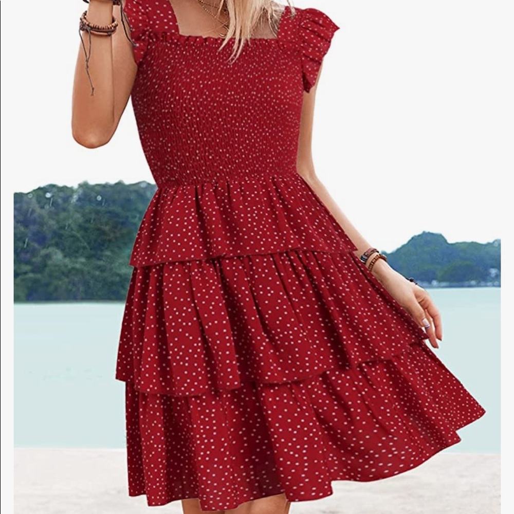 Red Polka Dot Ruffle Smocked Square Neck Dress 🤍♥️